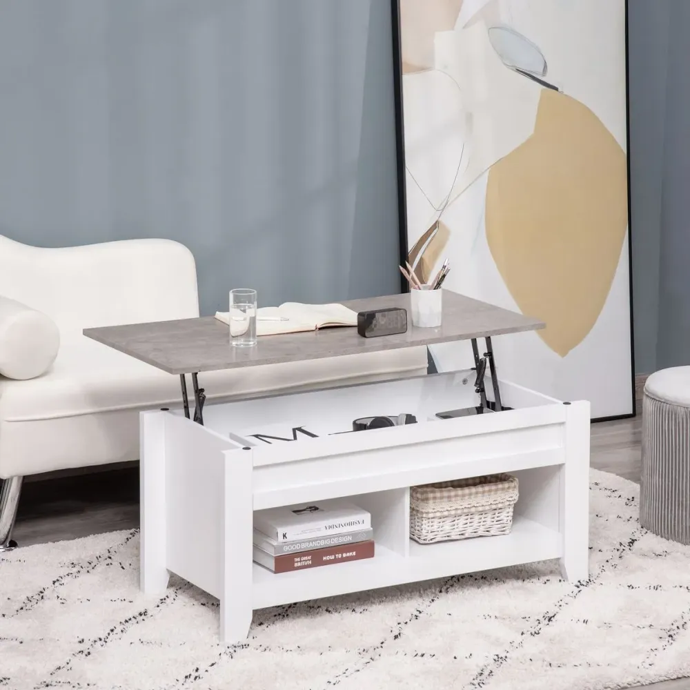 Mesa de centro elevable Homcom Zeus cajón + 2 compartimentos abiertos blanco 62,5x71x105 cm