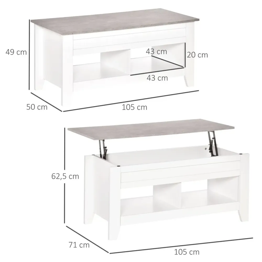 Mesa de centro elevable Homcom Zeus cajón + 2 compartimentos abiertos blanco 62,5x71x105 cm