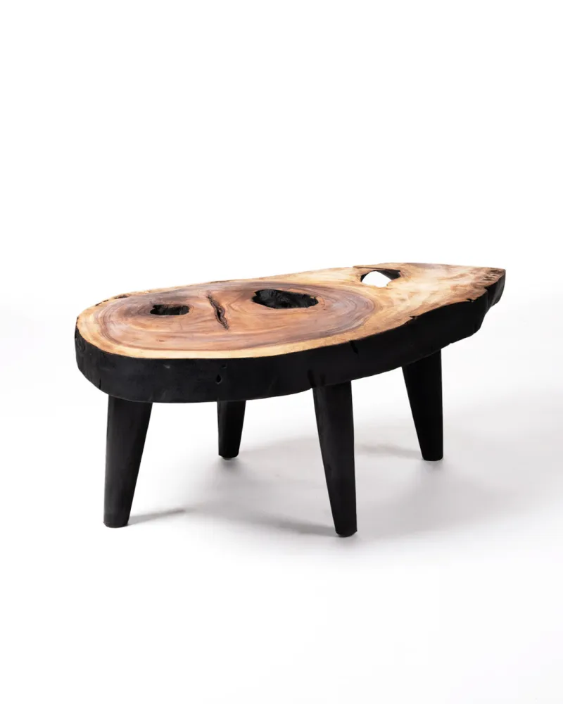 Mesa de centro de madera maciza natural de teca Bau Bau tronco rustico, hecho mano acabado auténtico con detalles en negro...