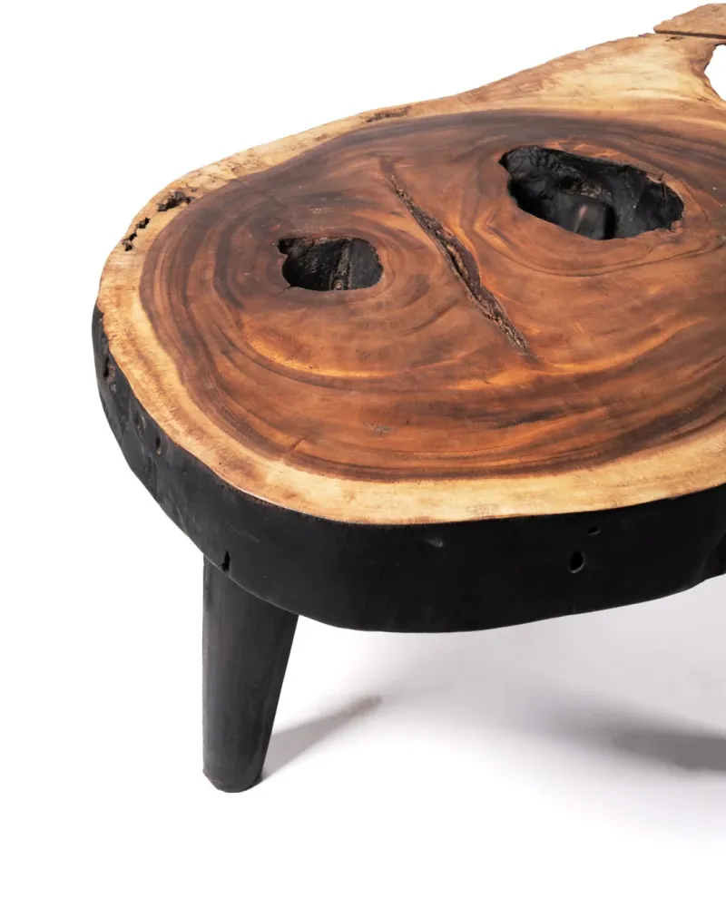 Mesa de centro de madera maciza natural de teca Bau Bau tronco rustico, hecho mano acabado auténtico con detalles en negro...