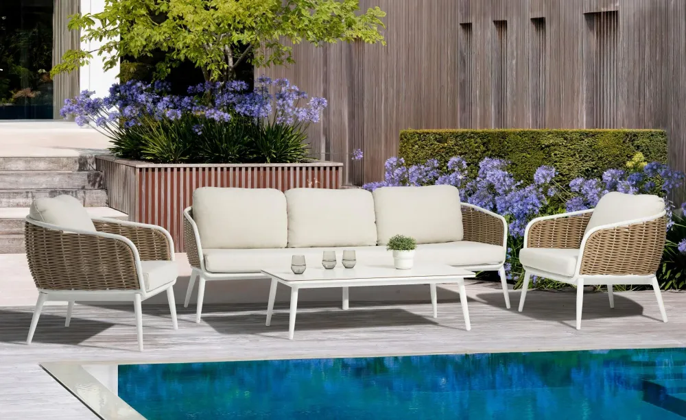 Mesa de Ratán Mesa de centro Irvine 120x60cm aluminio blanco top porcelánico blanco