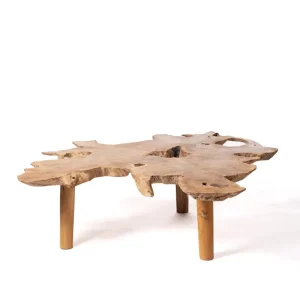 Mesa de Ratán Mesa de centro de madera maciza natural de teca Taipa tronco rustico, hecha mano con acabado puro y patas de...