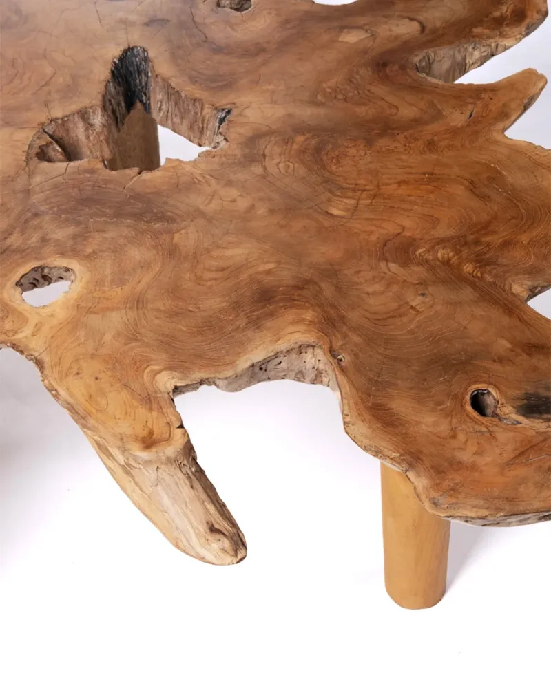 Mesa de Ratán Mesa de centro de madera maciza natural de teca Taipa tronco rustico, hecha mano con acabado puro y patas de...