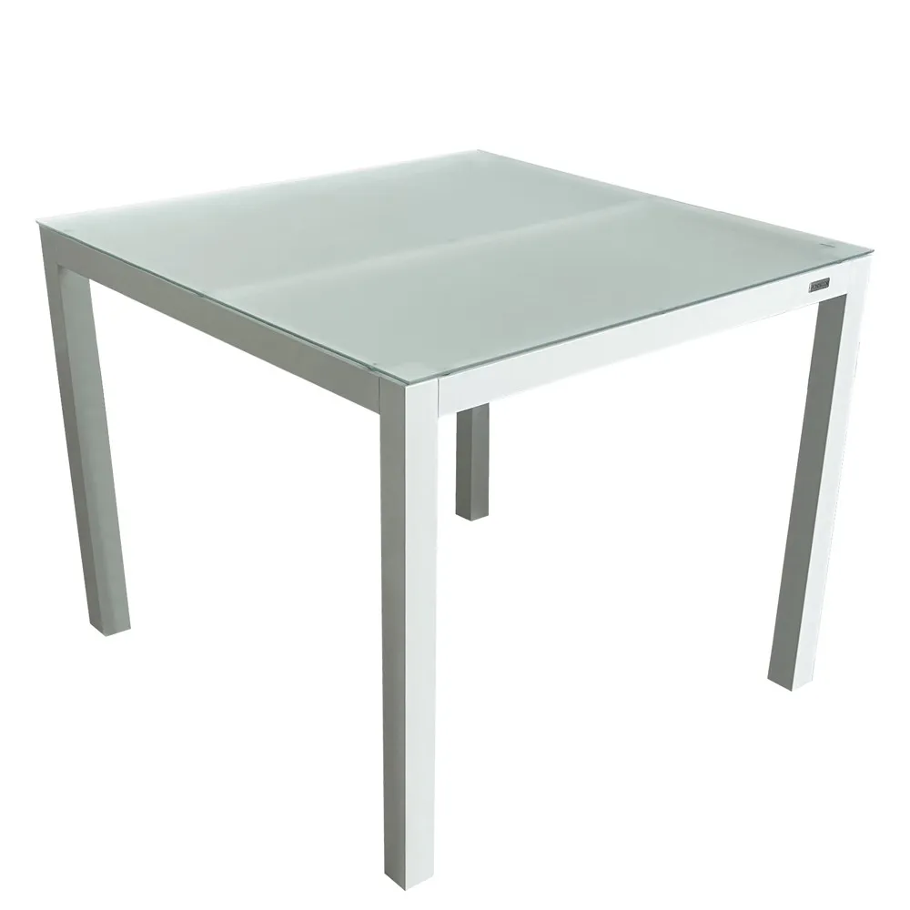 Momma Home Mesa de jardín cuadrada aluminio blanco y cristal glacé. 90x90