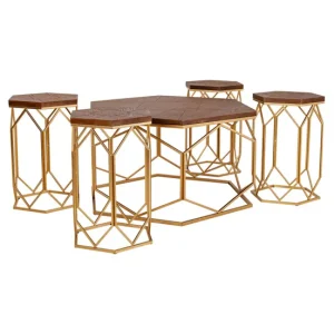 Set mesa de centro y 4 taburetes de acero dorado