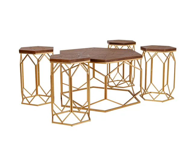 Set mesa de centro y 4 taburetes de acero dorado
