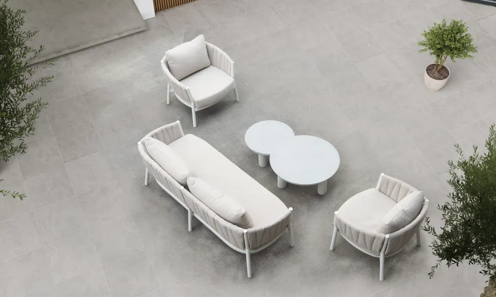 Set de 2 mesas de centro Attica aluminio blanco top cristal cerámico gris Resistente las Manchas