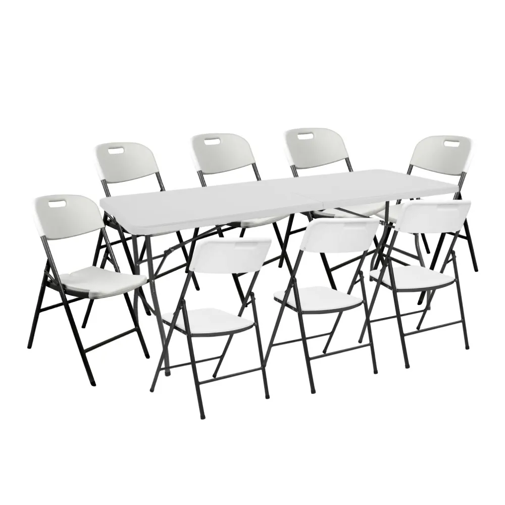 Conjunto plegable mesa 240cm y 8 sillas con asa blanco catering 7house Resistente las Manchas