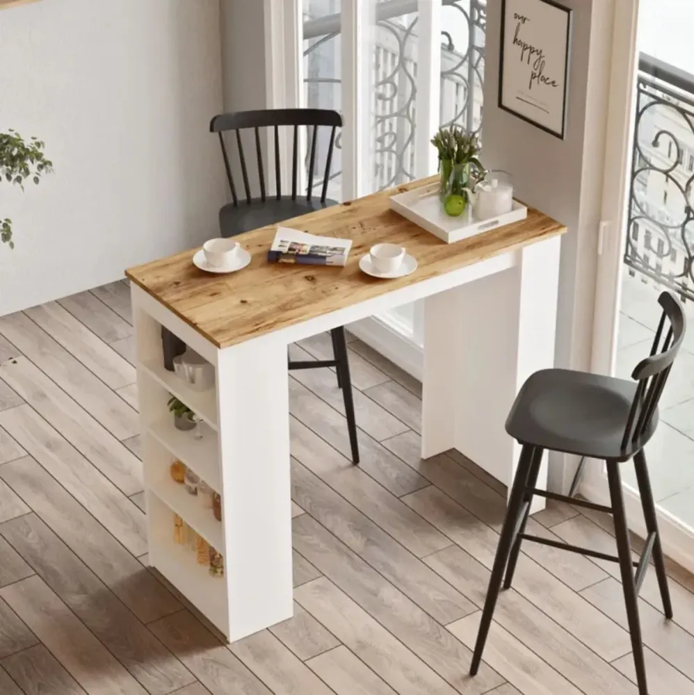 Mesa alta Yurupa estantes laterales blanco/natural 101x120x51 cm Resistente las Manchas
