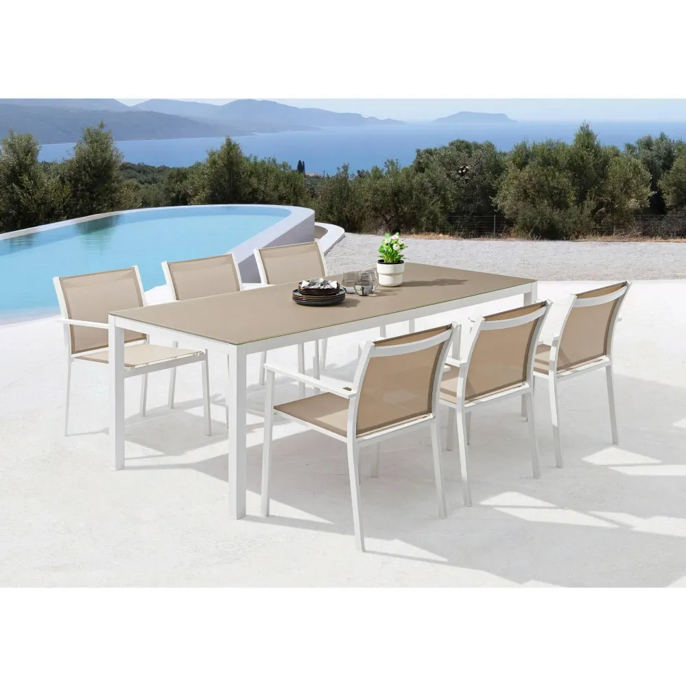 Mesa de comedor Adin 200*90 cm aluminio y cristal blanco Material WPC