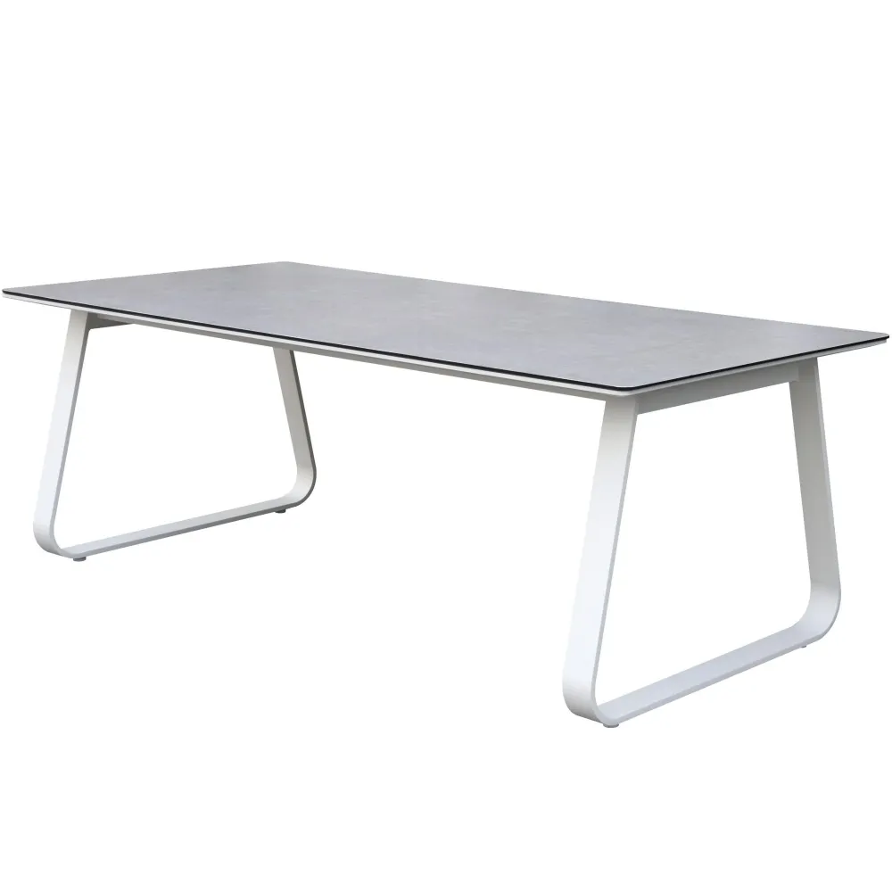 Mesa de comedor Babylon 220X100 cm aluminio blanco y cristal cerámico gris medio. con 4 Sillas Incluidas