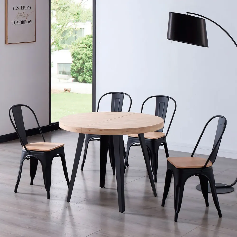 Mesa de comedor Berg extensible diseño redondo roble nordish/negro 76x80-120-160x80 cm Fácil Almacenamiento