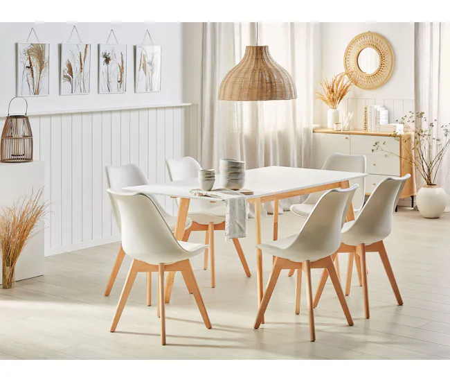 Mesa de comedor extensible blanco/madera clara 120/155 x 80 cm MEDIO Dimensiones 150x90x75 cm