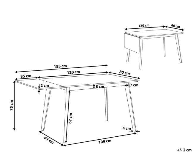 Mesa de comedor extensible blanco/madera clara 120/155 x 80 cm MEDIO Dimensiones 150x90x75 cm
