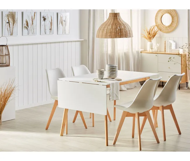 Mesa de comedor extensible blanco/madera clara 120/155 x 80 cm MEDIO Dimensiones 150x90x75 cm