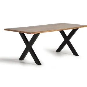 Mesa de comedor en madera acacia sin aditivos y patas de metal negro 78x180x100 con Base de Parasol