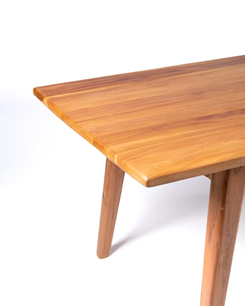 Mesa de comedor de madera maciza puro de teca Sedoa rectangular, hecha mano con acabado natural, origen Indonesia