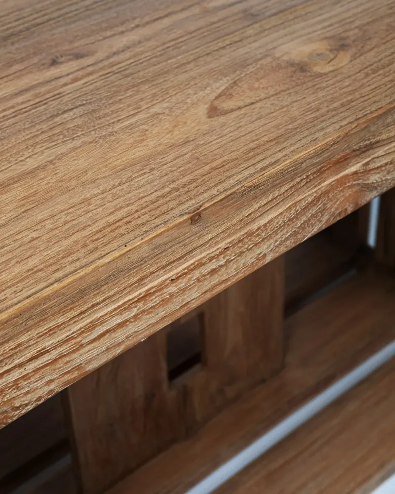 Mesa de comedor de madera maciza sin aditivos de teca Labua rectangular, hecha mano con acabado natural, 80 cm Alto 150 cm...
