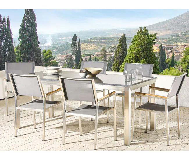 Mesa de comedor de metal/granito gris oscuro/plateado 180 x 90 cm GROSSETO Material WPC