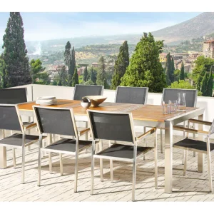 Mesa de comedor de metal/madera de eucalipto clara/plateado 220 x 100 cm GROSSETO para Terraza y Balcón