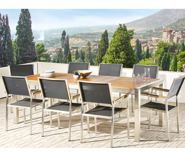 Mesa de comedor de metal/madera de eucalipto clara/plateado 220 x 100 cm GROSSETO para Terraza y Balcón