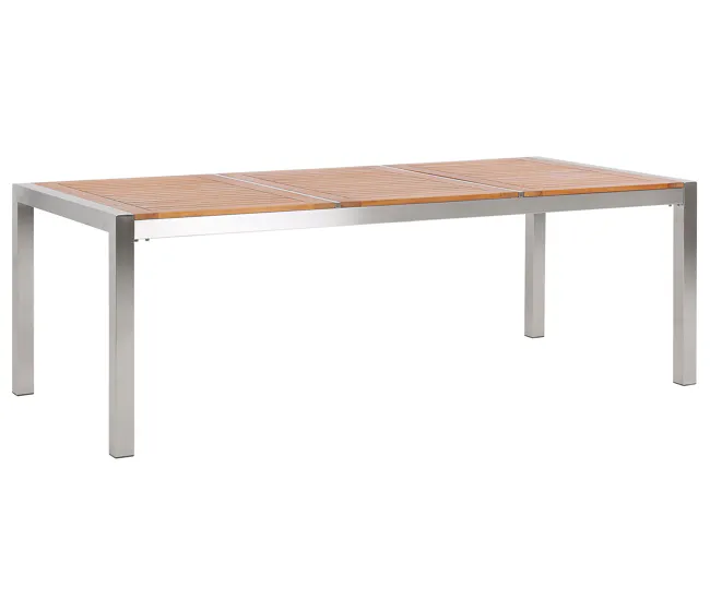 Mesa de comedor de metal/madera de eucalipto clara/plateado 220 x 100 cm GROSSETO para Terraza y Balcón