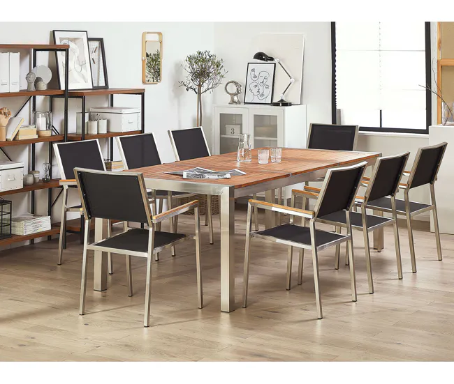 Mesa de comedor de metal/madera de eucalipto clara/plateado 220 x 100 cm GROSSETO para Terraza y Balcón