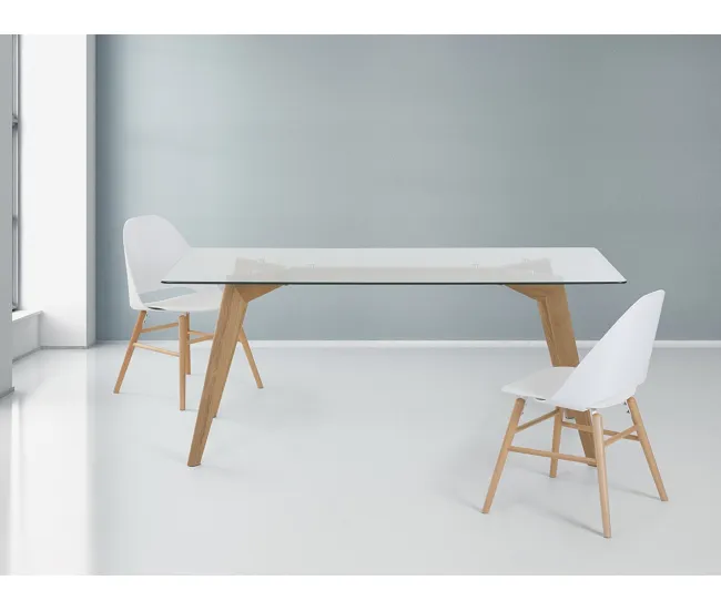 Mesa de comedor de vidrio templado transparente/madera clara 180 x 90 cm HUDSON para Jardín y Terraza