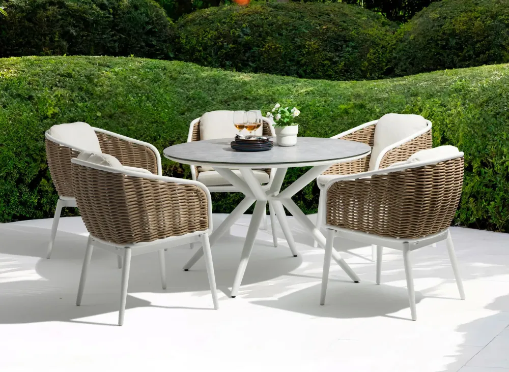 Mesa con Sombrilla Mesa redonda Orick Ø 120 cm aluminio blanco cristal cerámico gris nítido.