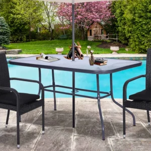 Mesa con Sombrilla Outsunny Mesa de Jardín Exterior Rectangular de Metálico Bordes Curvos con Orificio para Sombrilla Capa...