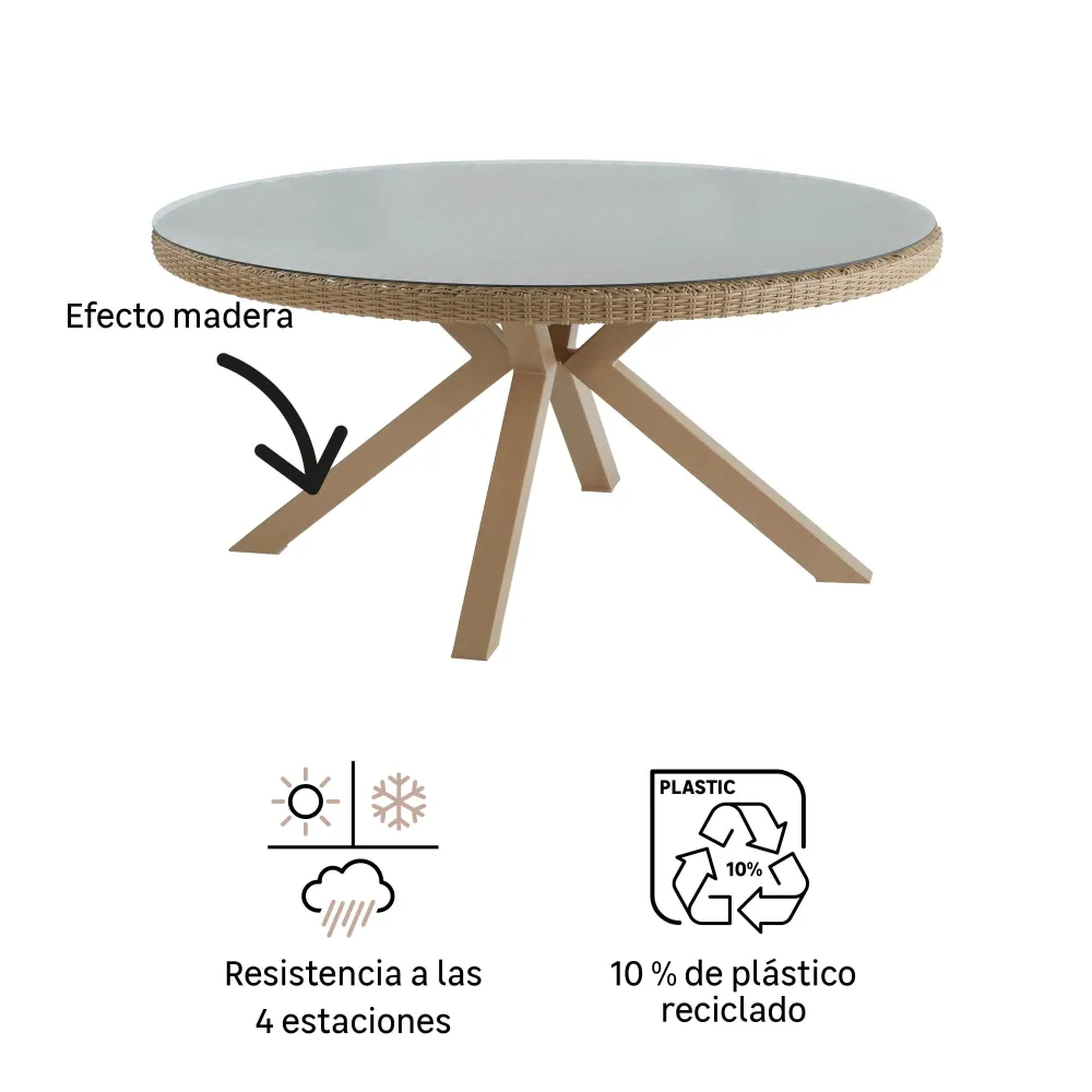Mesa de Granito Naterial Mesa de Comedor de Aluminio Tipo Ratán Apta para Exterior, Modelo Medena