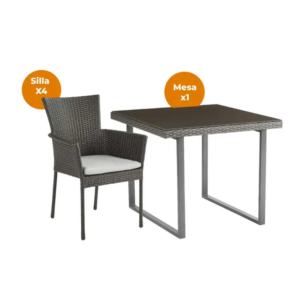 Mesa de Granito Naterial Set de Mesa de Comedor + 4 Sillas Tipo Ratán Apta para Exterior, Modelo Noa