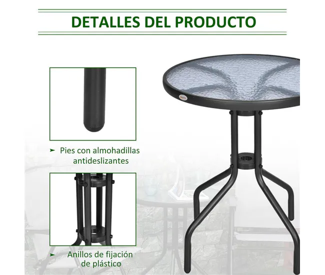 Mesa de Granito Outsunny Mesa de Jardín Redonda con Encimera de Vidrio Templado Decorativa y Marco de Acero para Patio Ter...