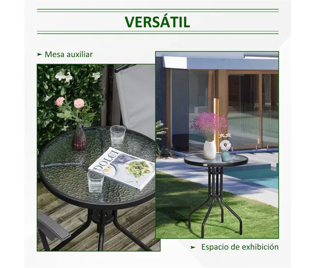 Mesa de Granito Outsunny Mesa de Jardín Redonda con Encimera de Vidrio Templado Decorativa y Marco de Acero para Patio Ter...