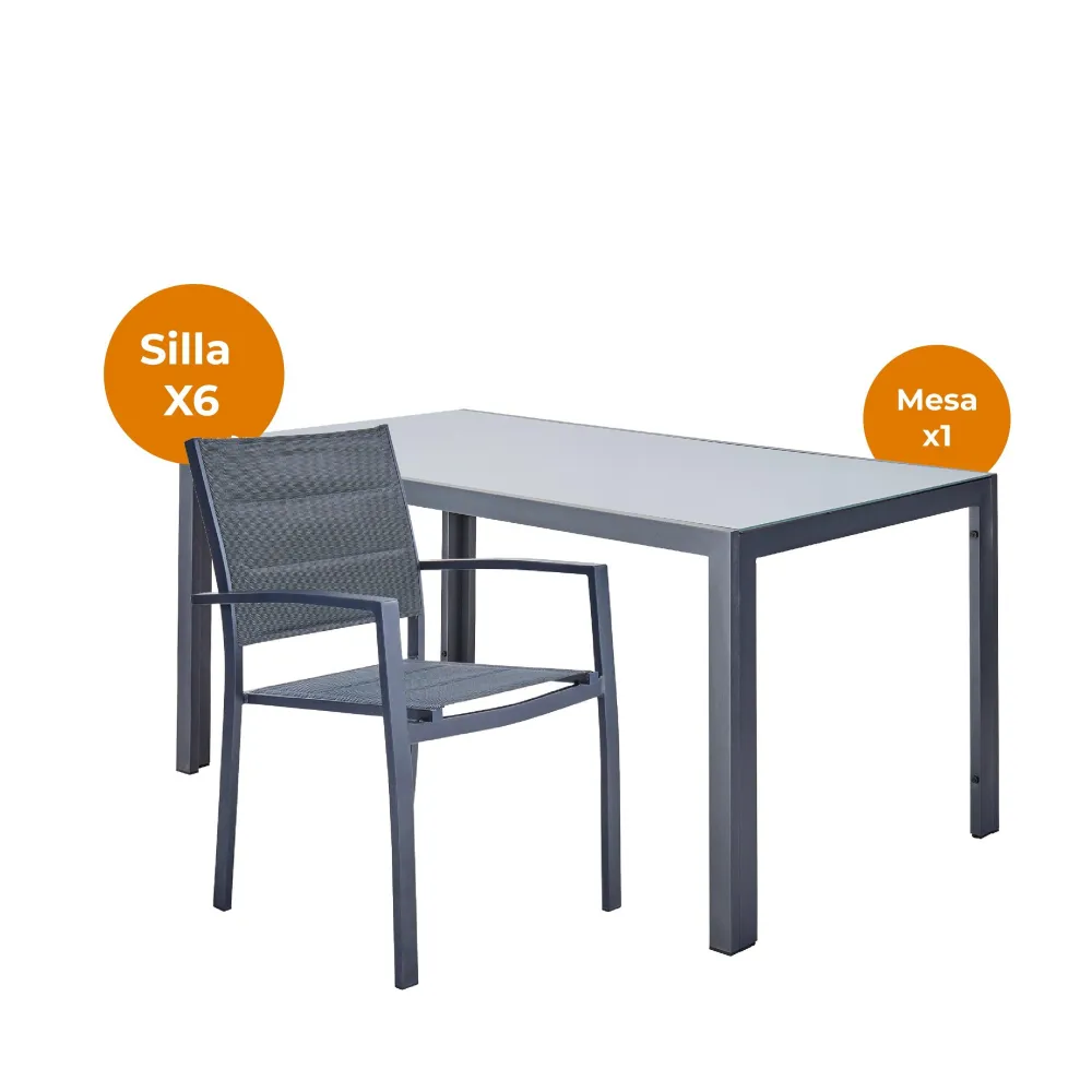 Mesa de Ratán Naterial Set de Comedor: Mesa + 6 Sillas con Descansabrazos Apta para Exterior, Modelo Lyra II + Sillas Orio...