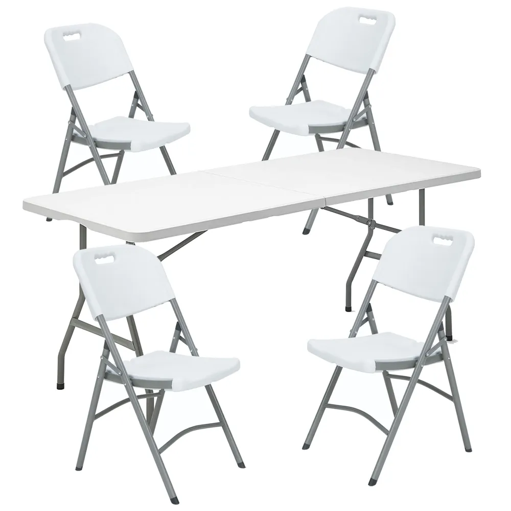 Mesa rectangular plegable + 4 sillas plegables, óptimo para exteriores