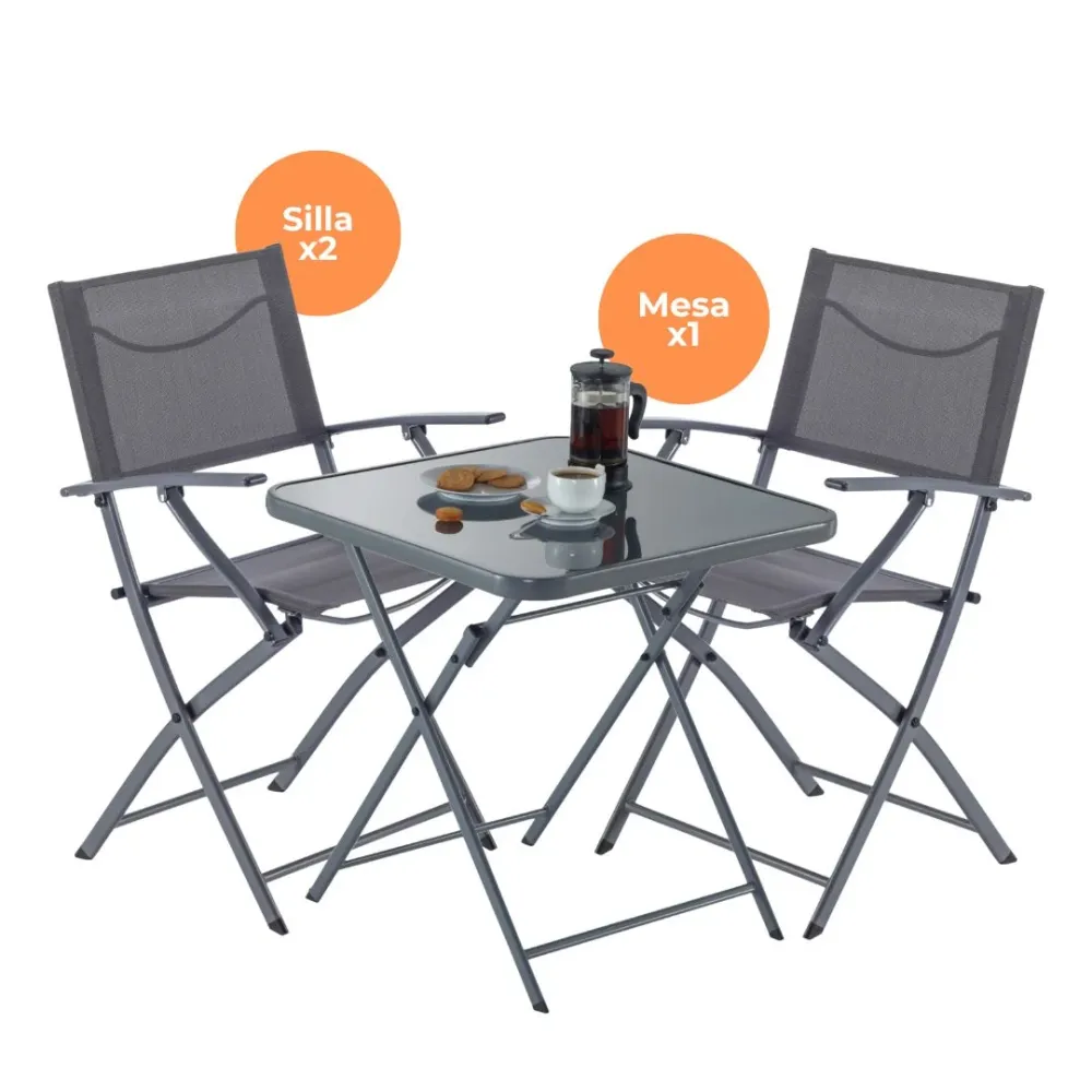 Naterial Set de Comedor: Mesa + 2 Sillas Plegables con Descansabrazos de Acero Aptas para Exterior, Modelo Emys en Alumini...