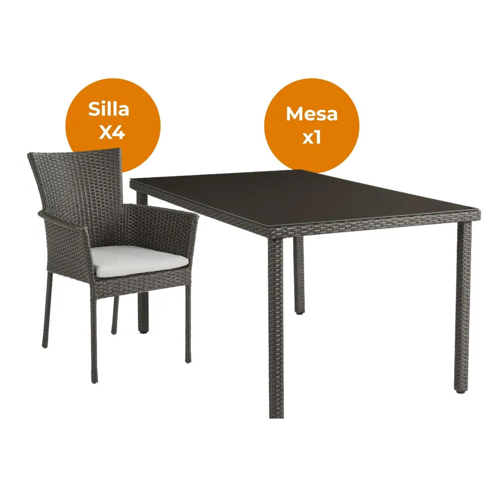 Naterial Set de Comedor: Mesa + 4 Sillas Tipo Ratán Apta para Exterior, Modelo Noa en Color Negro Mate