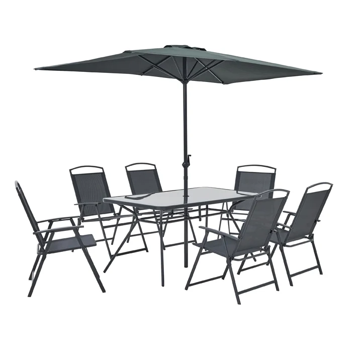 Naterial Set de Comedor 6 Sillas Plegables + Mesa + 1 Sombrilla de Acero para Exterior, Modelo Doma con 4 Sillas Incluidas