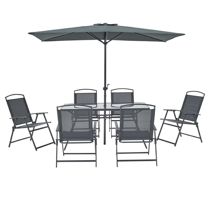 Naterial Set de Comedor 6 Sillas Plegables + Mesa + 1 Sombrilla de Acero para Exterior, Modelo Doma con 4 Sillas Incluidas