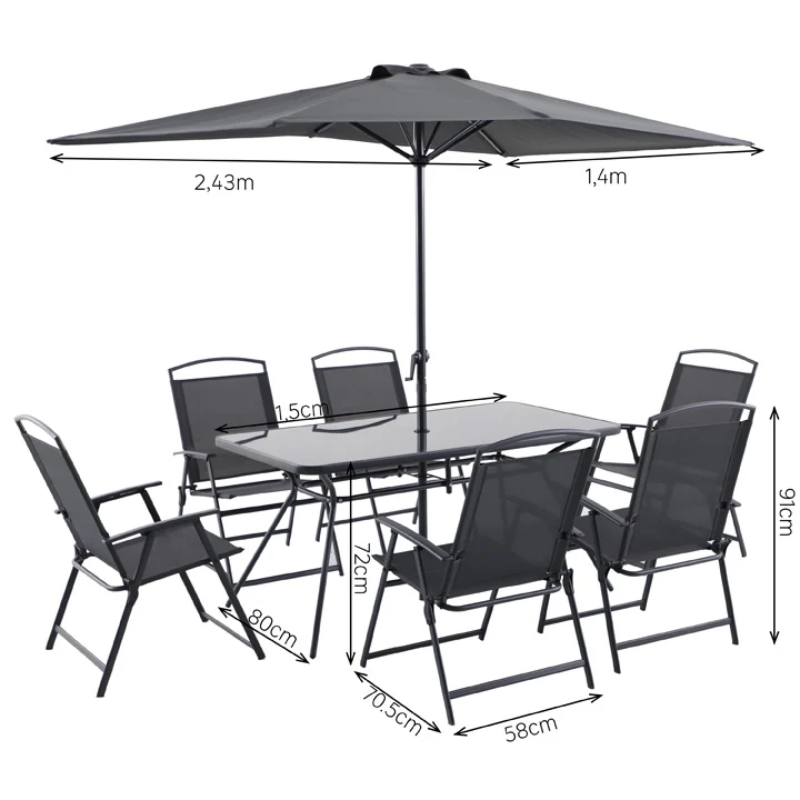 Naterial Set de Comedor 6 Sillas Plegables + Mesa + 1 Sombrilla de Acero para Exterior, Modelo Doma con 4 Sillas Incluidas