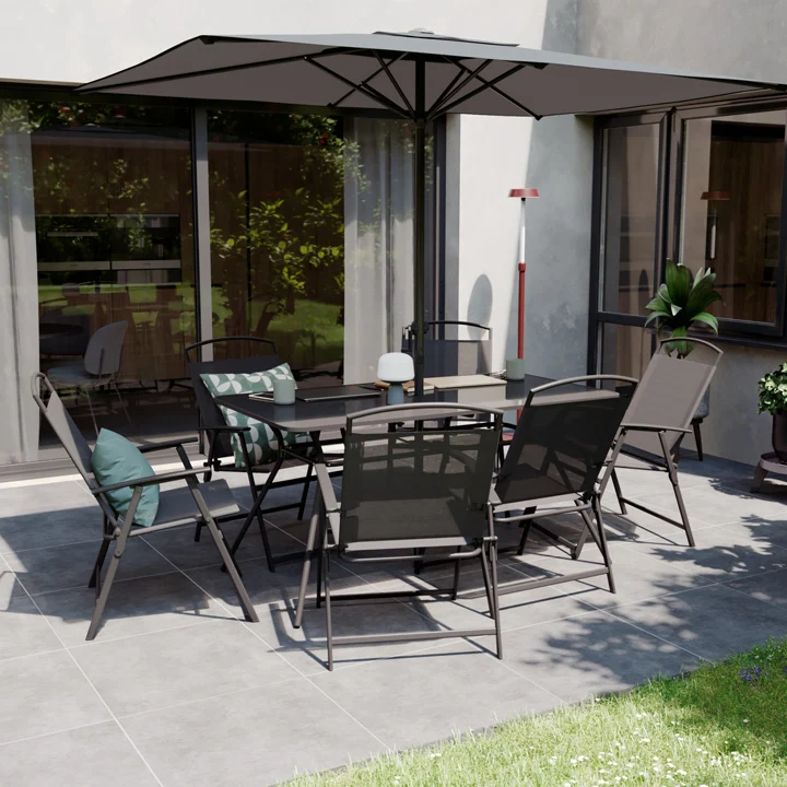 Naterial Set de Comedor 6 Sillas Plegables + Mesa + 1 Sombrilla de Acero para Exterior, Modelo Doma con 4 Sillas Incluidas