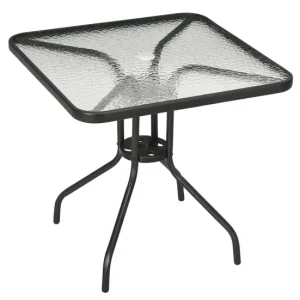 Outsunny Mesa de Jardín Cuadrada Mesa de Comedor Exterior 76x76x72 cm con Agujero para Sombrilla y Encimera de Vidrio Temp...