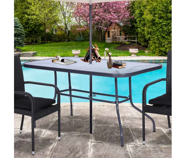 Outsunny Mesa de Jardín Exterior Rectangular de Metálico Bordes Curvos con Orificio para Sombrilla Capacidad 70kg Vidrio T...