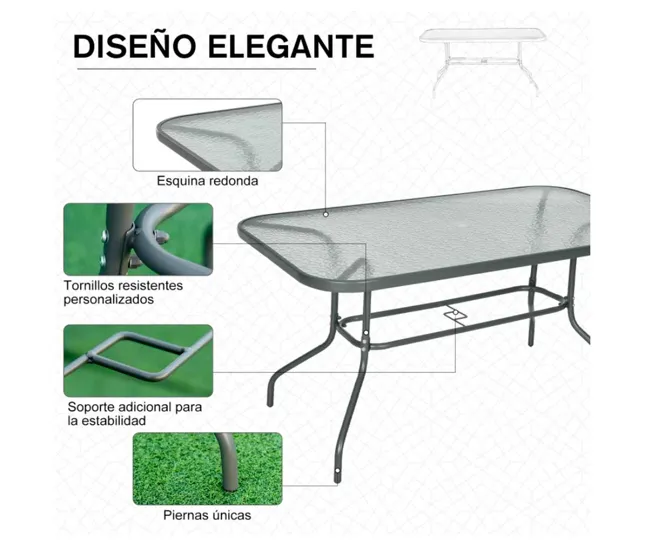 Outsunny Mesa de Jardín Exterior Rectangular de Metálico Bordes Curvos con Orificio para Sombrilla Capacidad 70kg Vidrio T...