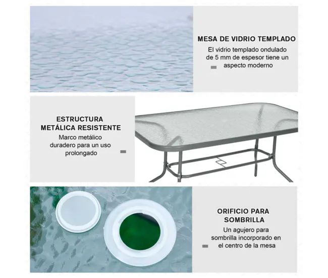 Outsunny Mesa de Jardín Exterior Rectangular de Metálico Bordes Curvos con Orificio para Sombrilla Capacidad 70kg Vidrio T...