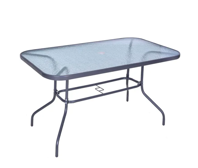 Outsunny Mesa de Jardín Exterior Rectangular de Metálico Bordes Curvos con Orificio para Sombrilla Capacidad 70kg Vidrio T...