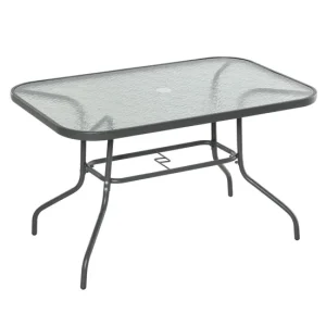 Outsunny Mesa de Jardín Exterior Rectangular de Metálico Bordes Curvos con Orificio para Sombrilla Capacidad 70kg Vidrio T...