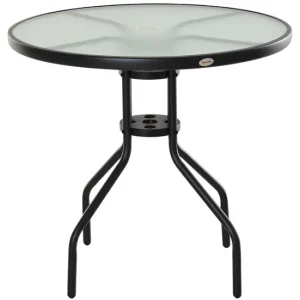 Outsunny Mesa de Jardín Redonda Mesa Comedor de Cristal Templado con Agujero para Sombrilla y Estructura Metálica para Pat...