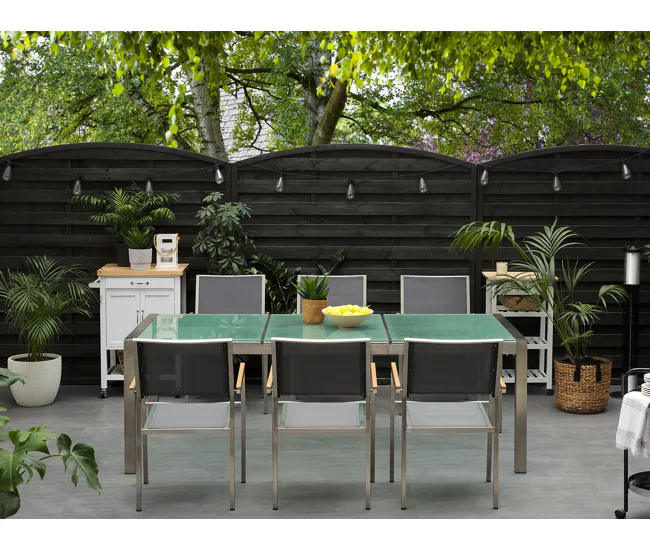 Plegable y Portátil Mesa de comedor de metal/vidrio templado transparente/plateado 220 x 100 cm GROSSETO